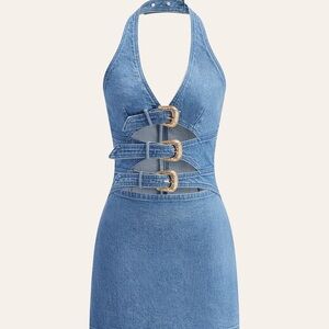 Commense Light Blue Denim Halter Dress